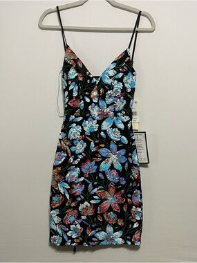 Katia Rae Black Velvet Floral Sequin Mini Dress V-Neck Party Cocktail XS